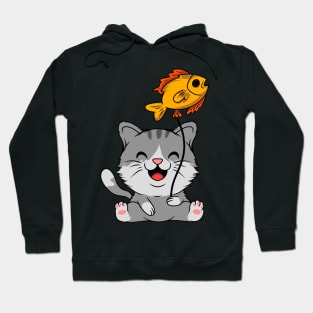 Happy Cat, Fresh Catch: Whimsical Fish Hook Wall Art Hoodie